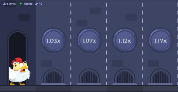 Interfaz de Chicken Road con el importe de apuesta, el saldo y los controles de la ronda.