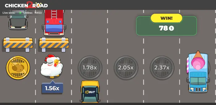 Plansza Chicken Road 2 z liniami trasy i ustawieniami poziomu trudności.