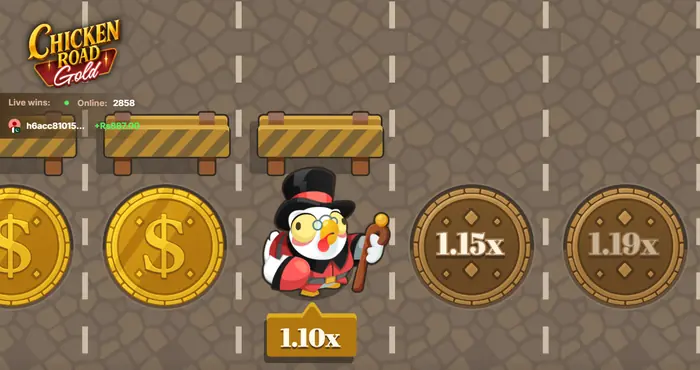 Игровое поле Chicken Road Gold с текущими множителями и персонажем.