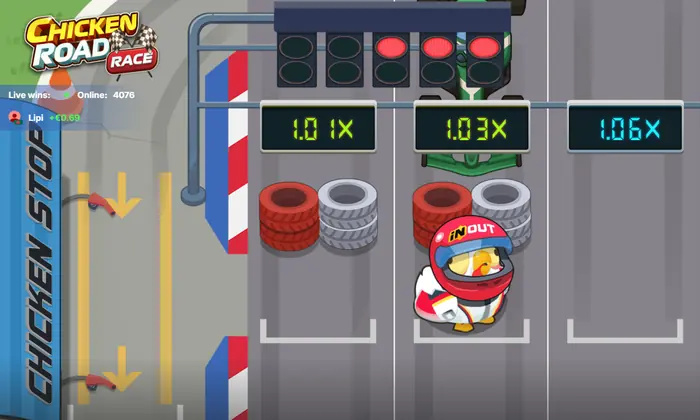 Trasa Chicken Road Race z samochodami, mnożnikami i ostrzeżeniami