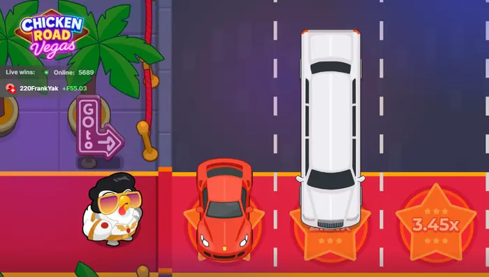 Логотип Chicken Road Vegas среди неоновых пальм и элементов казино