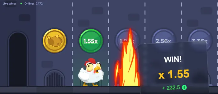 Captura de Chicken Road con la gallina avanzando por la carretera y un multiplicador activo.